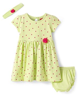 Babyhug Single Jersey Knit Half Sleeves Polka Dot Printed Frock With Floral Applique Bloomer & Headband - Light Green