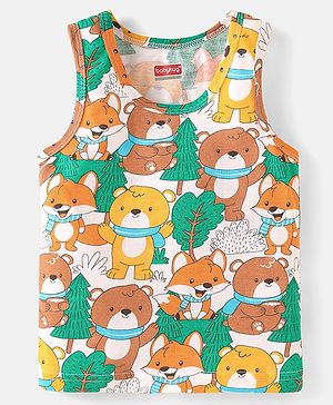 Babyhug 100% Cotton Knit Sleeveless Sando with Bear Print - White Yellow & Brown