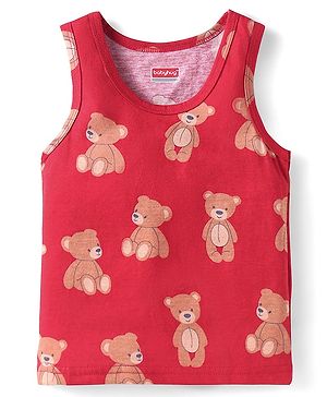 Babyhug 100% Cotton Knit Sleeveless Sando with Bear Print - Red