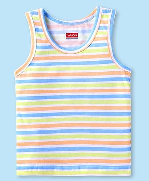 Babyhug 100 % Cotton Knit Sleeveless Sando with Stripes - Blue & Peach & Green