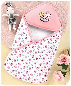 Babyhug 100% Cotton Hooded  Wrapper Kitty Print & Embroidery - Peach & White
