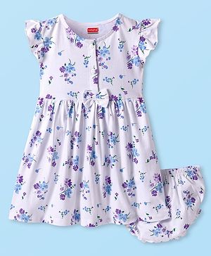Babyhug Cotton Woven Frill Sleeves Frock With Floral Print & Bloomer - White