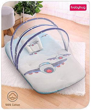 Babyhug 100% Cotton Digital Print Mattress Set with Mosquito Net Aeroplane Theme - White