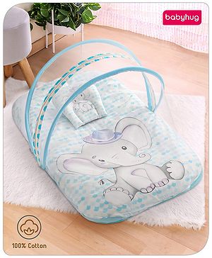 Babyhug 100% Cotton Digital Print Mattress Set with Mosquito Net Elephant Print - Blue