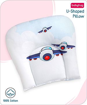 Babyhug 100% Cotton U Shape Pillow Digital Aeroplane Print - White