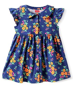 Babyhug Cotton Knit Frill Sleeves Front Open Dress With Floral Print & Peter Pan Collar - Navy Blue