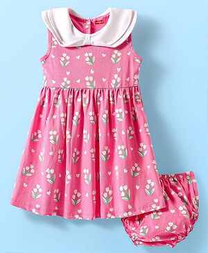 Babyhug Cotton Woven Sleeveless Frock & Bloomer with Floral Print - Pink