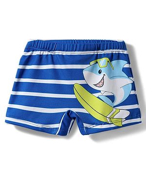 Babyhug Cotton Water Repellant Swimming Trunk With Stripes & Shark Print - Blue