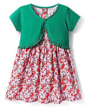 Babyhug Cotton Woven Floral Printed Frock with Half Sleeves Shrug - Red & Green