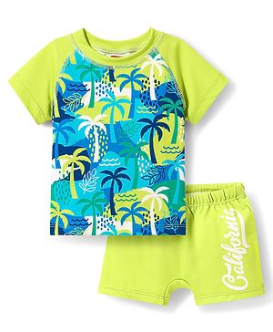 Babyhug Cotton Water Repellant Two Piece Swimming Suit With Tropical Theme - Green