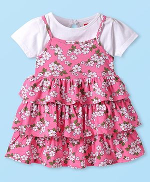 Babyhug Cotton Knit Frock & Half Sleeves Inner Tee With Floral Print - Pink & White