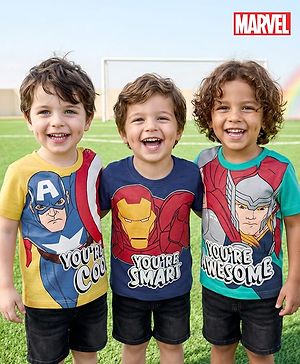 Babyhug Marvel Single Jersey Knit Half Sleeves T-Shirt With Avengers Graphic Pack Of 3 - Navy Blue Yellow & Green