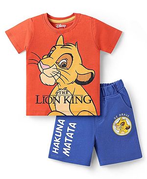 Babyhug Disney Single Jersey Knit Half Sleeves T-Shirt & Shorts Set with Simba Graphics - Dark Orange & Blue