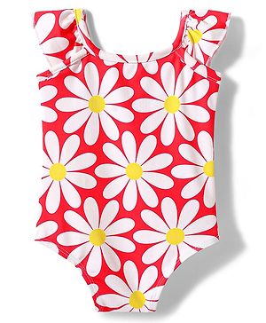 Babyhug Cotton Water Repellant Sleeveless V Cut Swim Suit With Floral Print - Red