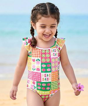 Babyhug Cotton Sleeveless Water Repellent Tropical Print V Cut Swimsuit - Pink