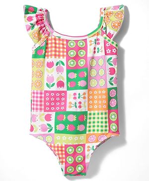Babyhug Cotton Sleeveless Water Repellent Tropical Print V Cut Swimsuit - Pink