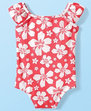 Babyhug Cotton Sleeveless Water Repellent Floral Print V Cut Swimsuit - Pink