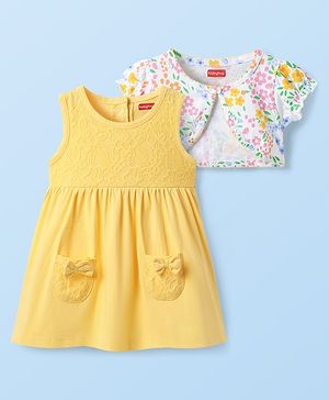 Babyhug Cotton Knit Frock & Half Sleeves Shrug With Floral Print & Bow Applique - Yellow