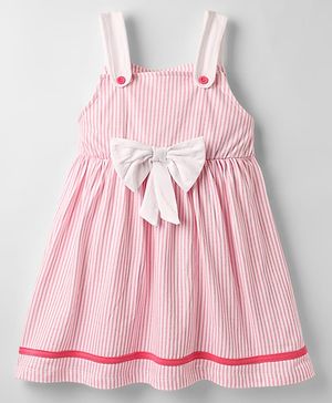 Babyhug Cotton Knit Sleeveless Striped Frock with Bow Applique - Pink