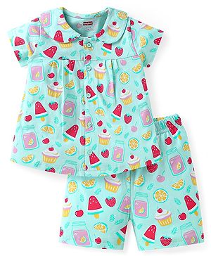 Babyhug Cotton Knit Half Sleeves Peter Pan Collared Shorts Co-ords Night Suit with Fruits Print - Aqua Blue