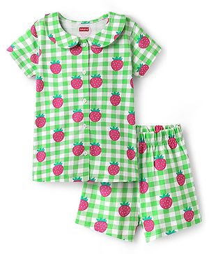 Babyhug Cotton Knit Half Sleeves Co-ords Peter Pan Collared Front Open Shorts Night Suit with Checks & Strawberry Print - Light Green
