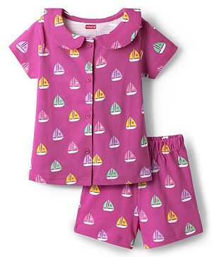 Babyhug Cotton Knit Half Sleeves Co-ords Shorts Night Suit with Ship Print - Pink