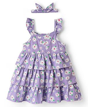 Babyhug Cotton Knit Sleeveless Frock With Floral Print & Headband - Lilac