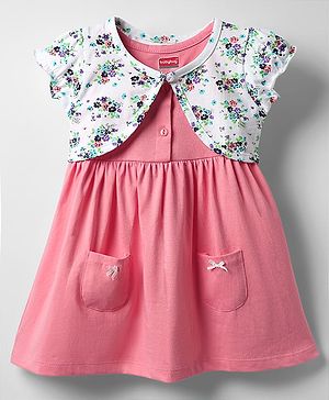 Babyhuhg Cotton Knit Half Sleeves Frock & Shrug with Floral Print - Pink & White