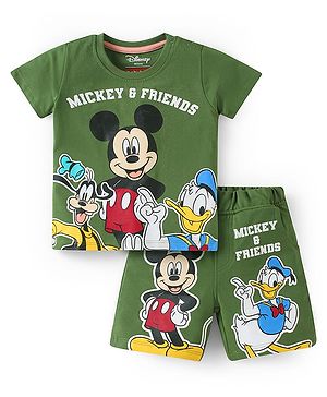 Babyhug Disney Single Jersey Knit Half Sleeves T-Shirt & Shorts Set With Mickey & Friends Graphics - Green