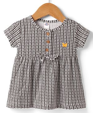 Zero Sinker Knit Half Sleeves Printed Frock With Bow Applique - Brown