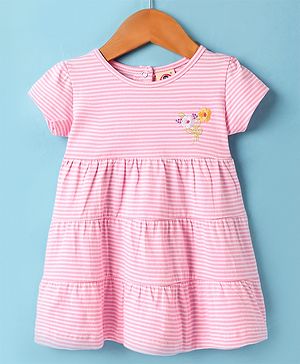 Zero Sinker Knit Half Sleeves Striped Frock With Floral Embroidery - Light Pink