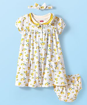 Babyhug Cotton Woven Peter Pan Collar Puffed Half Sleeves Frock Bloomer & Headband With Floral Print - White