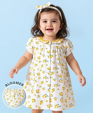 Babyhug Cotton Woven Peter Pan Collar Puffed Half Sleeves Frock Bloomer & Headband With Floral Print - White