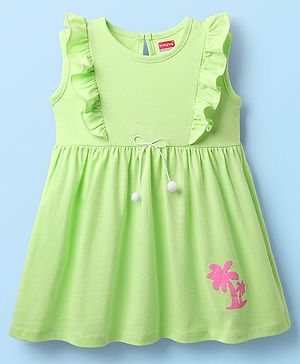 Babyhug Cotton Knit Sleeveless Frock With Tree Print - Light Green