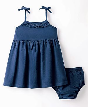 Babyhug Single Jersey Knit Sleeveless Solid Frock With Bloomer - Navy Blue