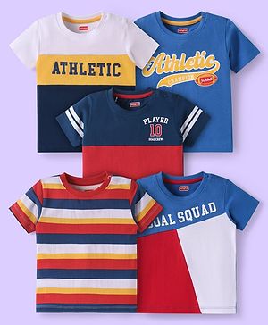 Babyhug Cotton Knit Half Sleeves Cut & Sew T-Shirts with Text Print & Stripes Pack of 5 - Multicolor