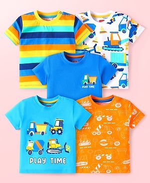 Babyhug Cotton Knit Half Sleeves T-Shirts with Vehicle Print & Stripes Pack of 5- Blue & Yellow
