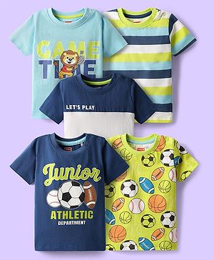 Babyhug Cotton Knit Half Sleeves T-Shirt With Stripes & Game Time Print & Theme Pack Of 5 - Navy Blue & Limegreen