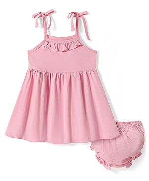 Babyhug 100% Cotton Sleeveless Solid Coloured Frock With Bloomer - Baby Pink