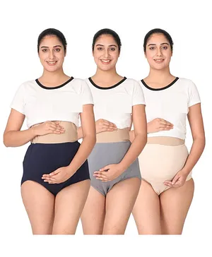 Morph Cotton Spandex Pack Of 3 Solid
                              High Waist Maternity Belly Panel Panties -
                              Navy Blue Steel Grey & Skin