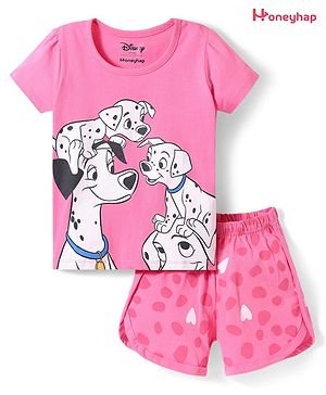 Babyhug Disney Single Jersey Knit Half Sleeves Shorts Night Suit With 101 Dalmatians Graphics - Pink