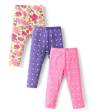 Babyhug Cotton Lycra Knit Full Length Leggings With Polka Dots & Floral Print Pack Of 3 - Pink Purple & Yellow