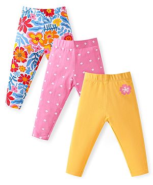 Babyhug Cotton Lycra Full Length Skinny Fit Leggings with Stretch Floral & Polka Dot Print Pack of 3 - Mustard Pink & White