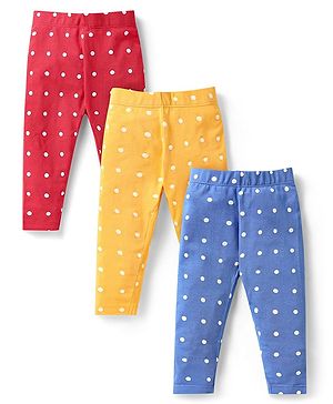 Babyhug Cotton Lycra Full Length Leggings With Polka Dots Print Pack Of 3 - Blue Red & Yellow