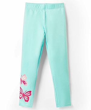 Babyhug Cotton Knit Full Length Leggings with Butterfly Print - Light Blue