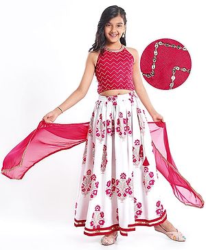 Pine Kids Woven Sleeveless Choli Lehenga  Set & Dupatta with Sequin Design & Floral Print -  Dark Pink