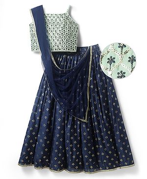 Pine Kids Woven Sleeveless Foil Printed Choli Lehenga Set with Dupatta & Sequin Detailing - Navy Blue