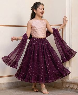 Pine Kids Woven Singlet Sleeves Foil Printed Choli Lehenga Set with Dupatta - Wine