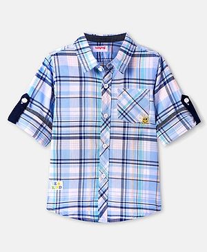 Babyhug Cotton Woven Full Sleeves Checkered Shirt with Sun Embroidery - Light Blue