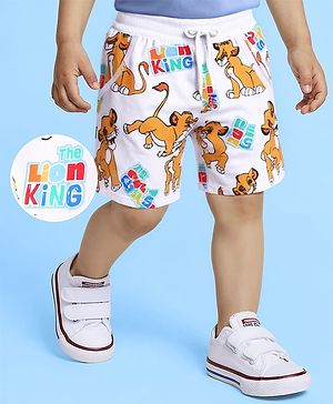 Babyhug Disney Cotton Knit Shorts with Lion King Print - White